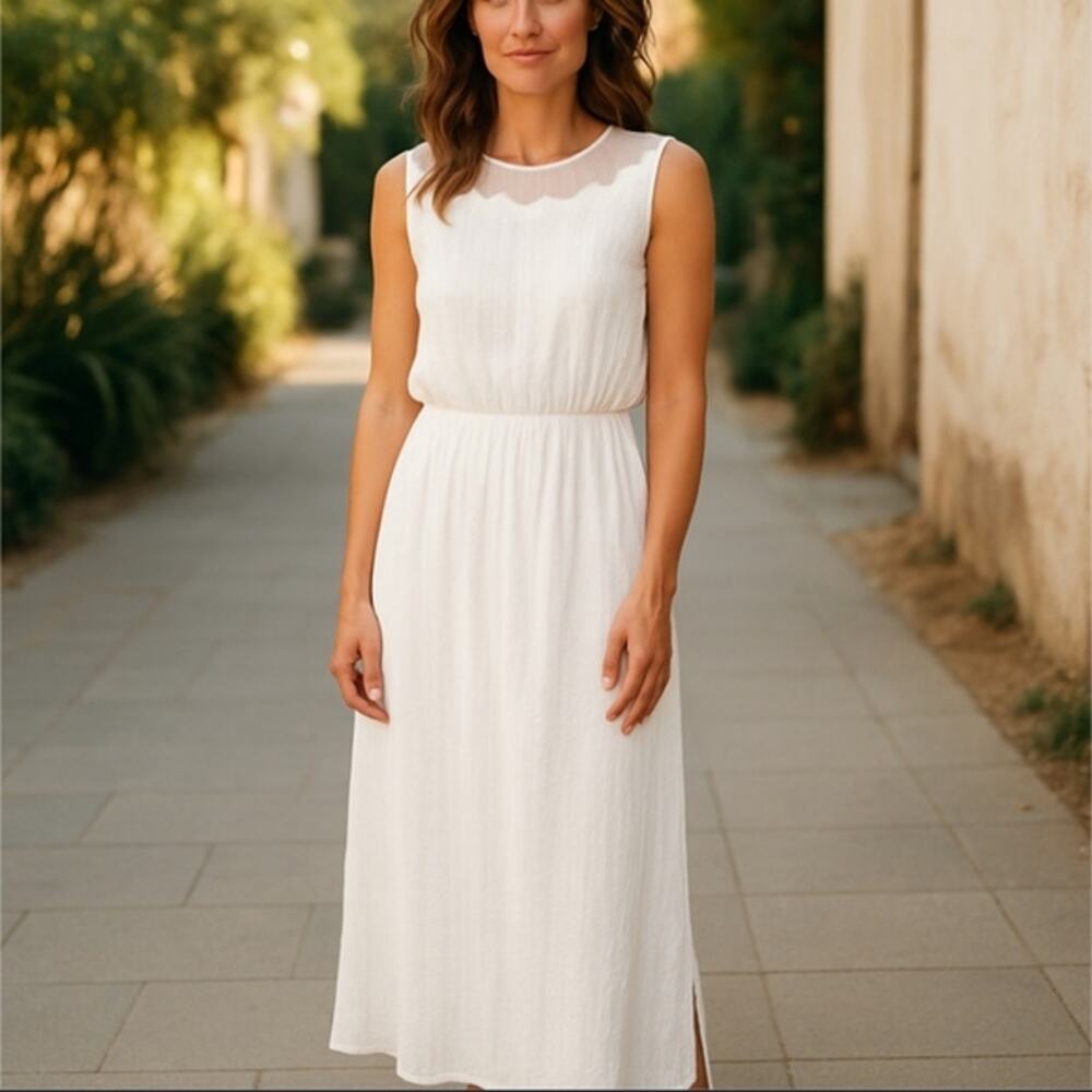AB Studio White Pleated Maxi Dress Embroidered Neckline Waterfall Hem Size M